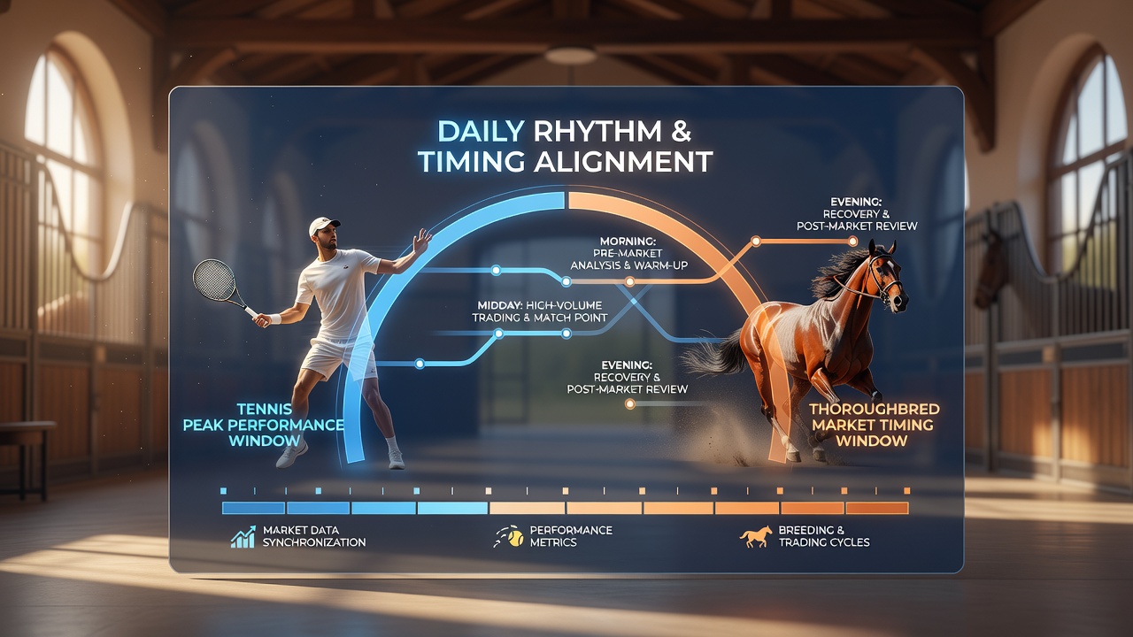 Split-screen view of a tennis court at midday and a thoroughbred race starting gate in late afternoon with overlaid timing indicators