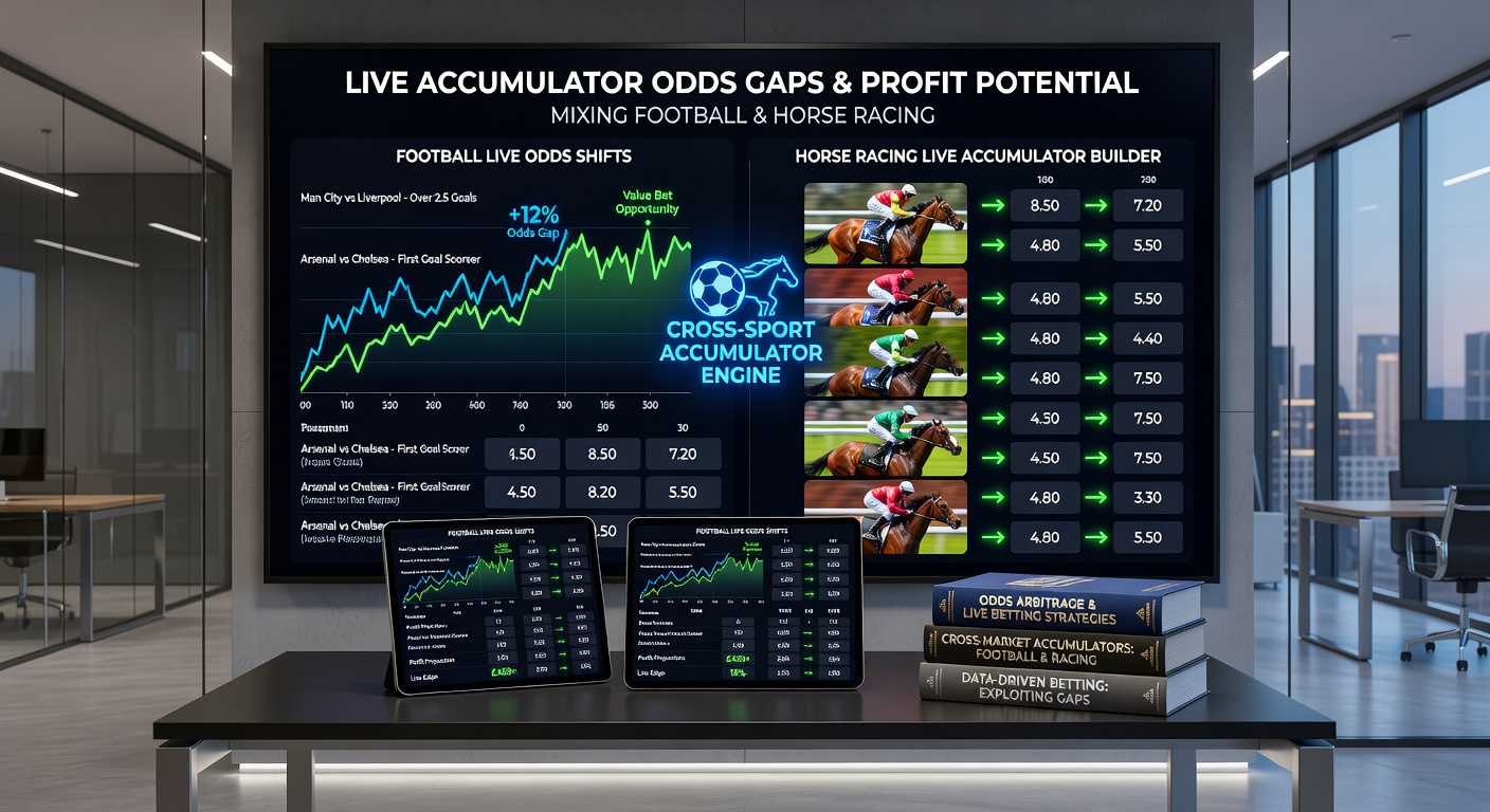 Screenshot of a live accumulator slip combining soccer over/under odds with horse racing each-way bets, displaying a profitable gap between bookies