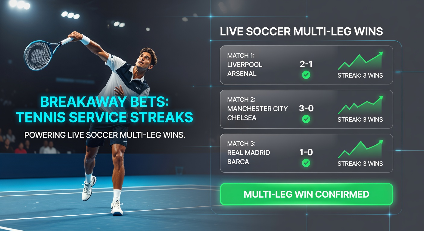 Split-screen graphic showing tennis serve hold streak chart overlaid on live soccer accumulator odds board