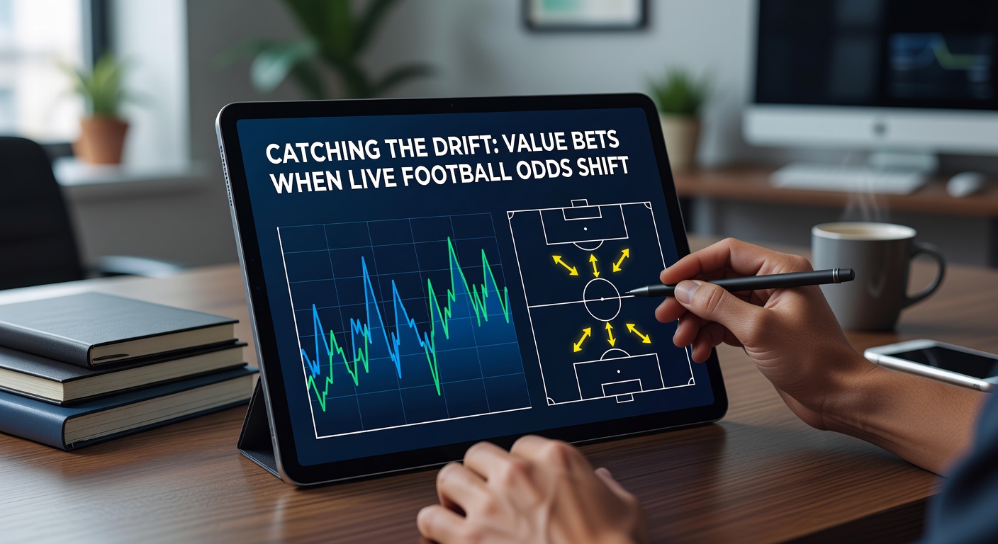Live football match with overlaid odds drifting on screen, showing a team gaining momentum while prices lengthen for the underdog