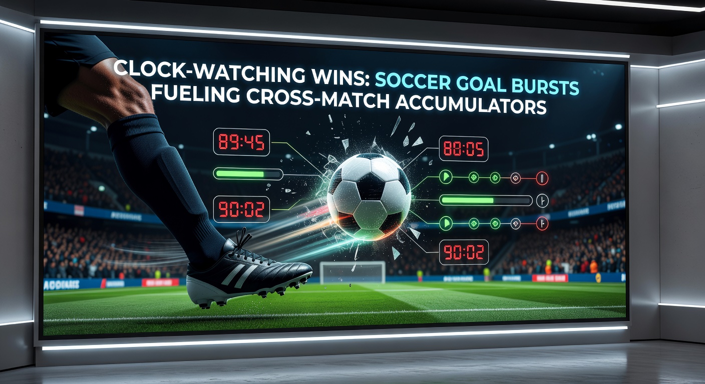 Animated graphic of soccer goal timings across multiple matches, illustrating burst patterns in accumulator betting
