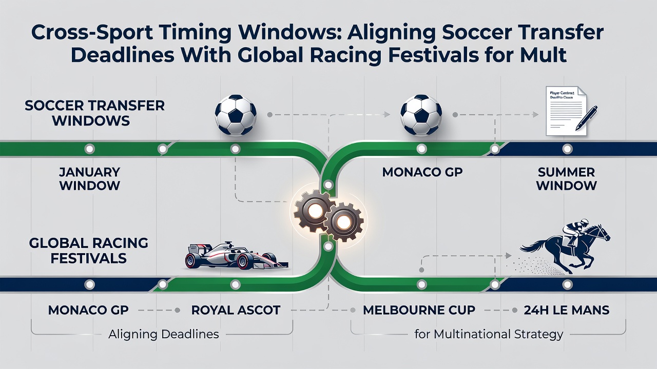Comparison chart showing soccer transfer deadline and racing festival dates across multiple continents