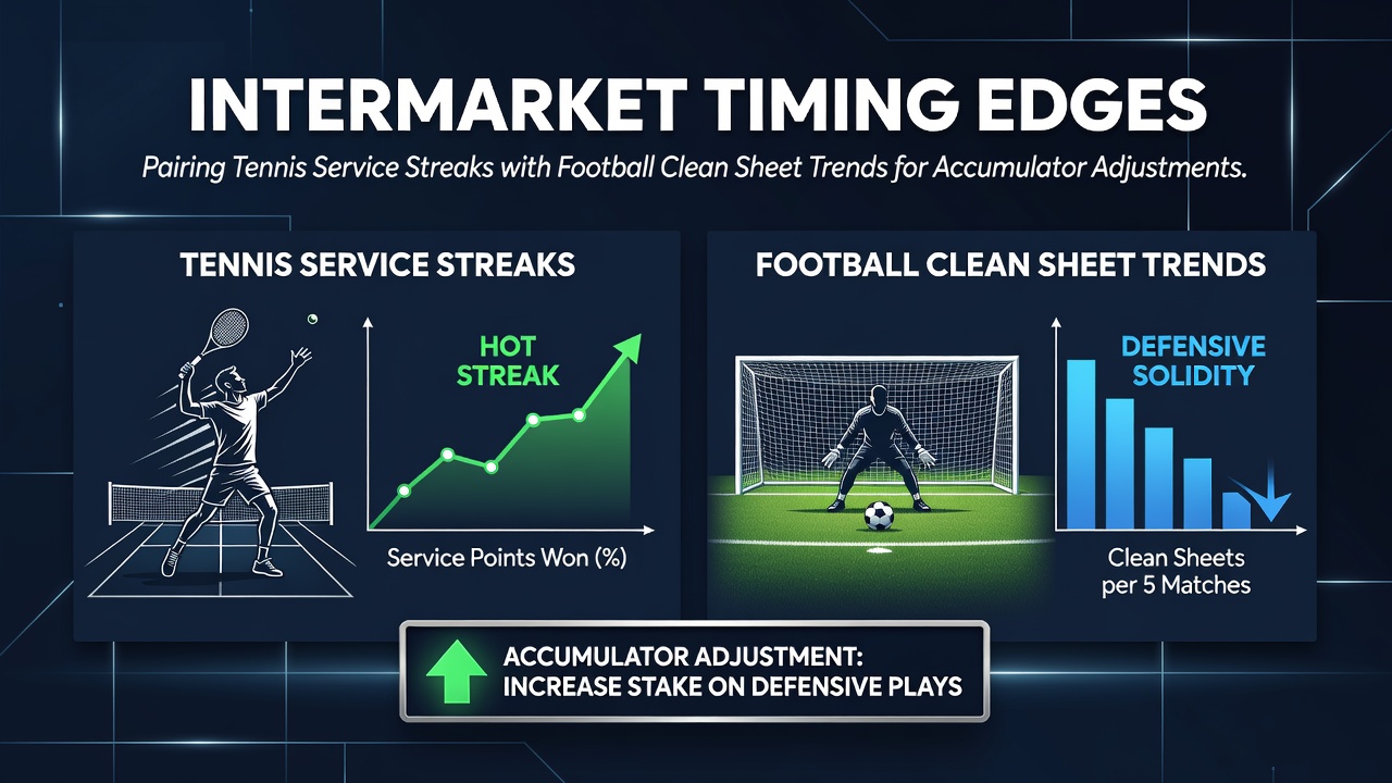 Tennis player serving during a match alongside football defensive formation graphic illustrating data overlap for accumulator timing