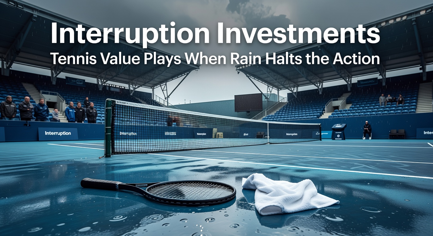 Tennis players huddled under umbrellas on a drenched court during a sudden downpour, highlighting the unpredictability of outdoor matches