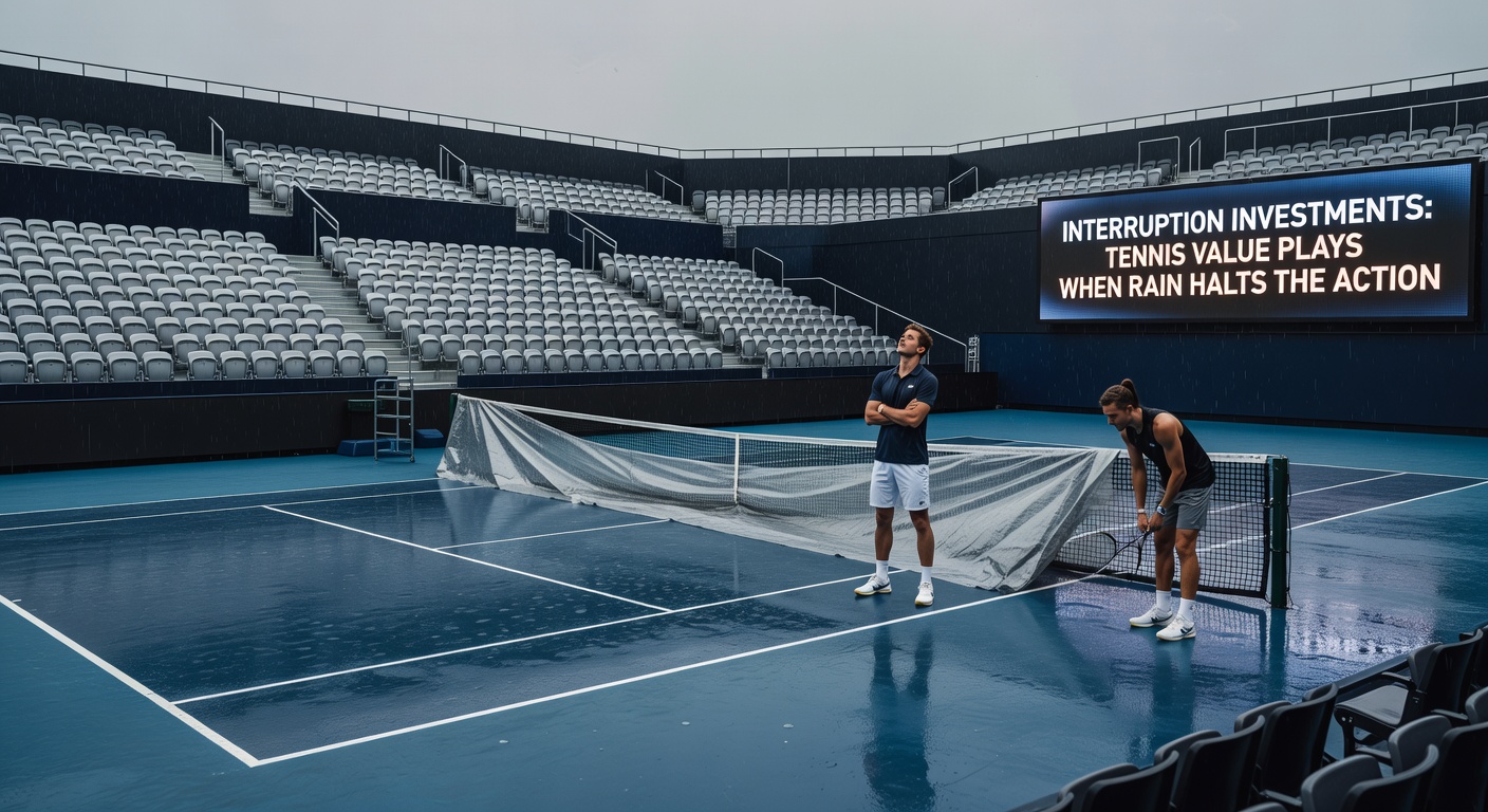 Close-up of a tennis scoreboard frozen mid-match under gray skies, with odds shifting dramatically on nearby betting screens