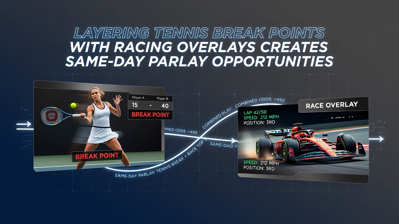 Tennis player executing a break point serve during a professional match alongside a horse racing track with live overlay graphics