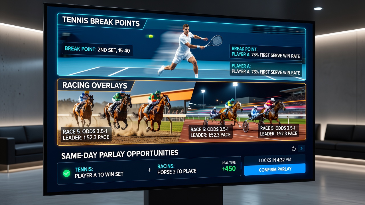 Split screen showing live tennis scoreboard with break point alert next to horse racing form with pace overlay statistics