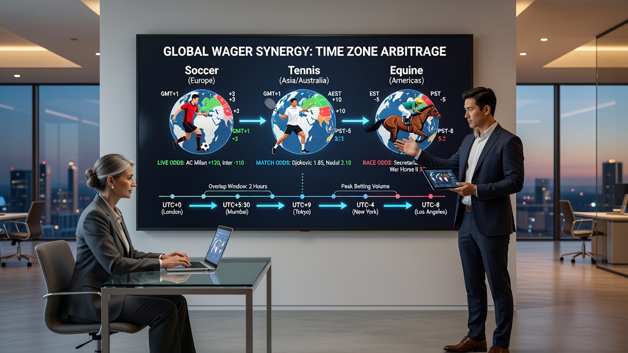 Bettor reviewing live odds on multiple screens displaying soccer, tennis, and horse racing events in different time zones