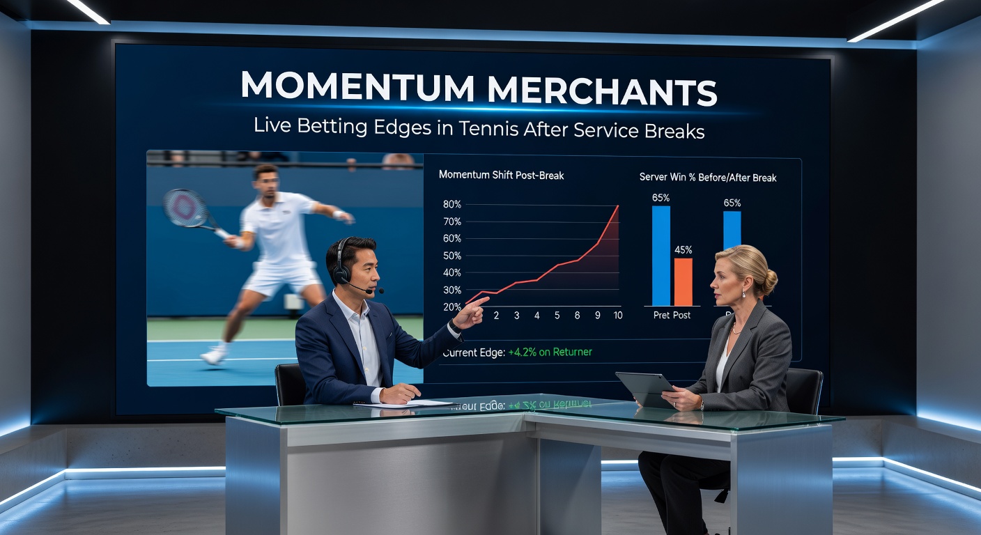 Split-screen showing live tennis betting interface with odds shifting post-service break, graphs highlighting momentum indicators