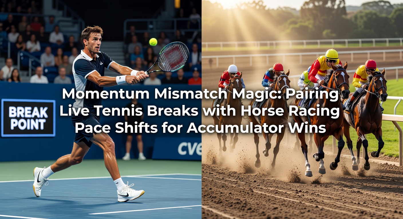 A dynamic split image showing a tennis player celebrating a service break on clay courts alongside a horse racing scene where the front-runner fades dramatically in the stretch