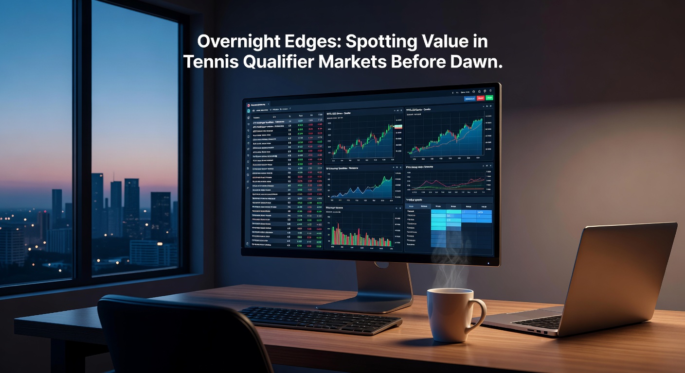 Close-up of a tennis betting odds screen showing early morning qualifier lines on a laptop, with dawn light filtering in