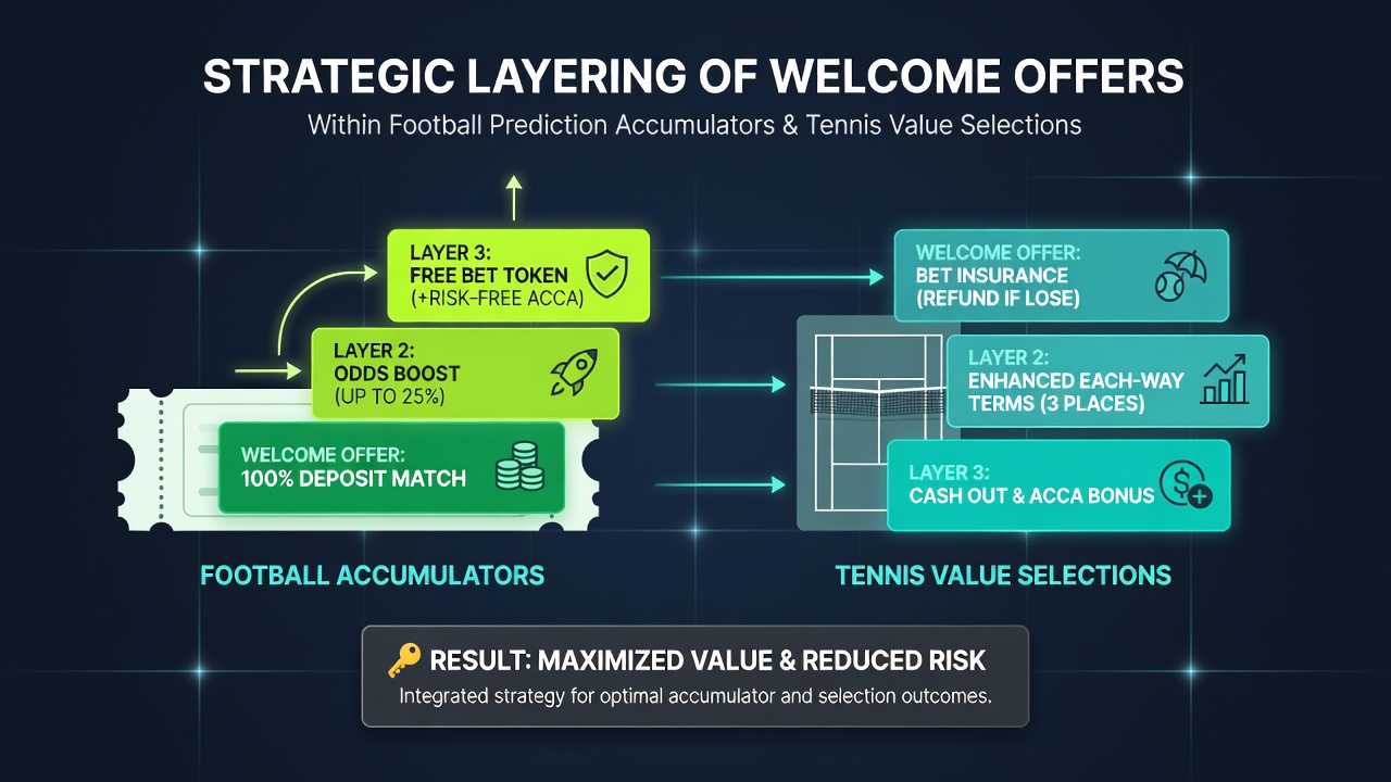 Strategic layering of welcome offers diagram showing football accumulator construction and tennis value bet integration