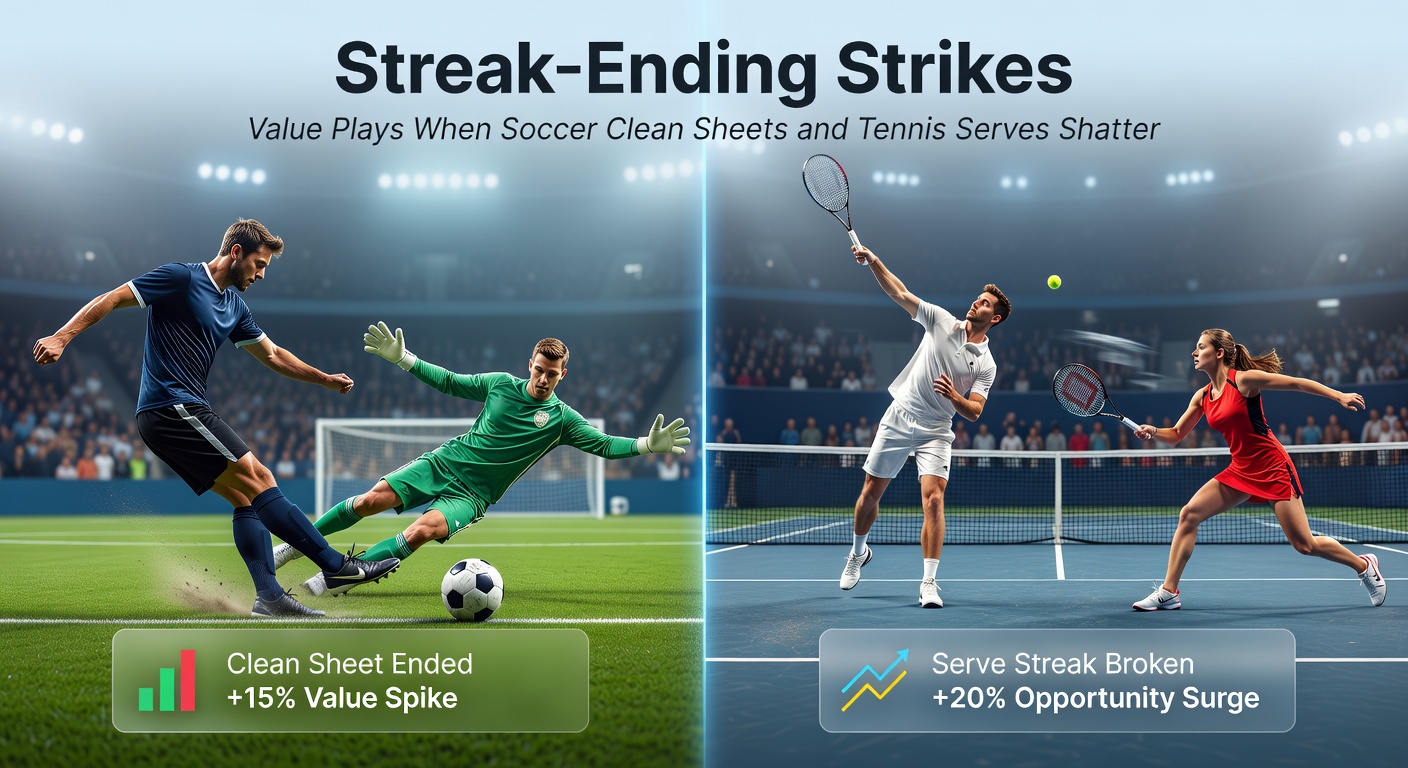 Close-up of a tennis serve break point conversion and a soccer defender reacting to a streaking goal, illustrating high-stakes betting opportunities