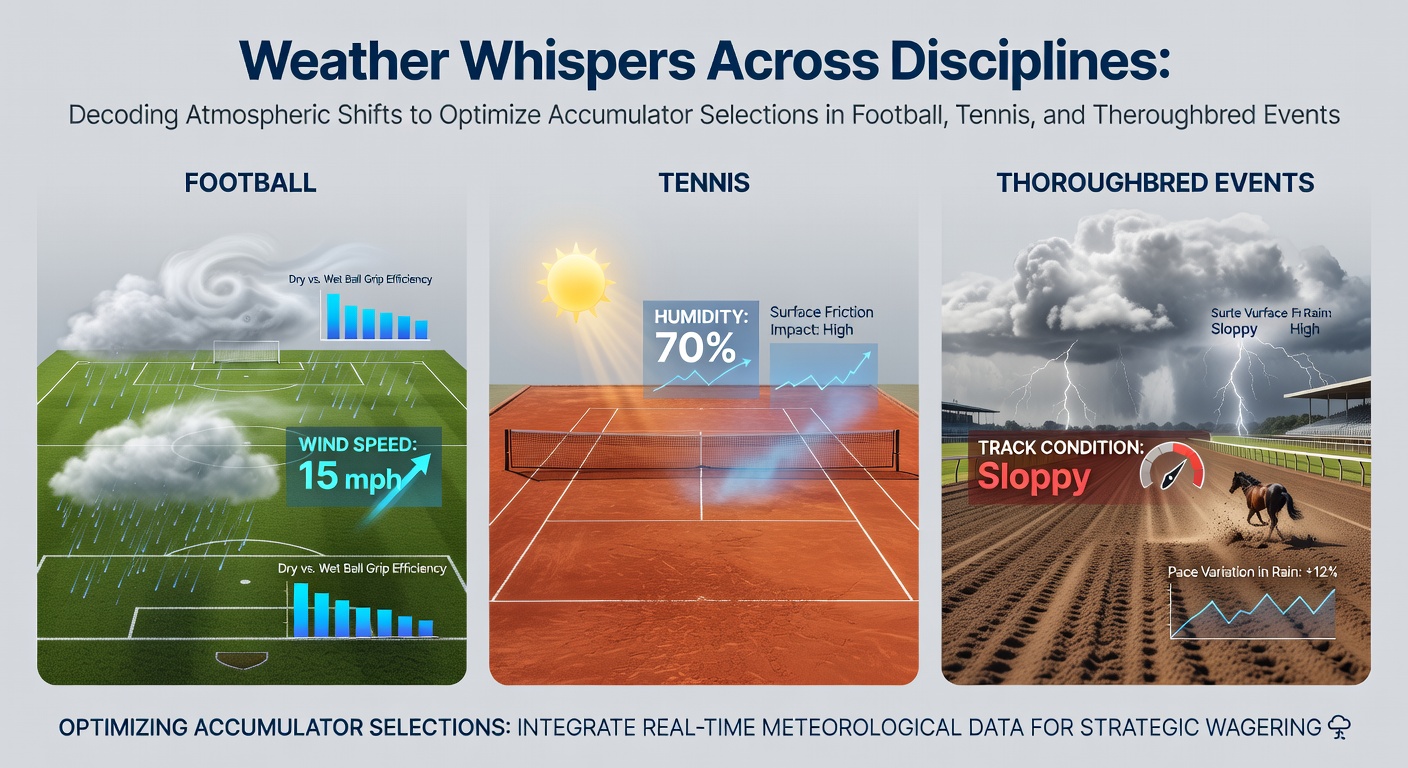 Atmospheric data overlays on football pitch, tennis court, and racetrack surfaces showing weather impact zones