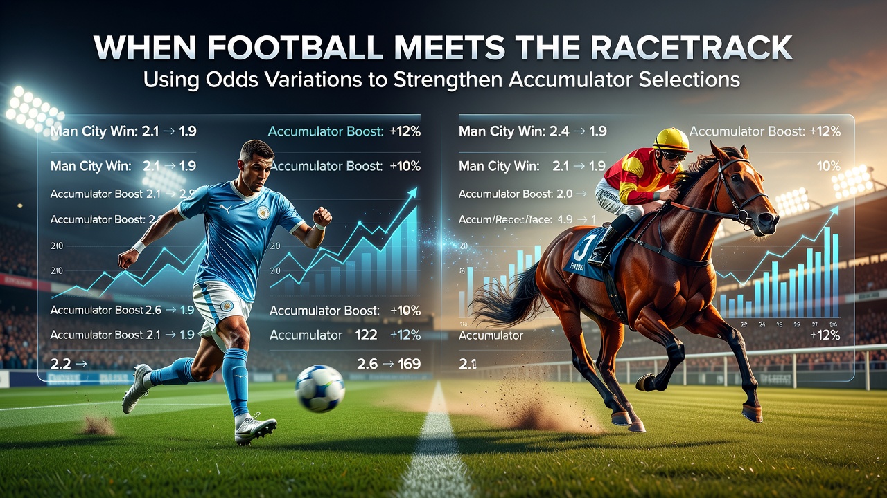 Split screen showing live football odds next to horse racing form guides and accumulator slip
